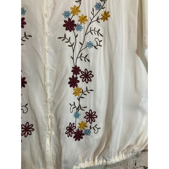Cato Peasant Top Women Medium Ivory Floral Embroidered Tie Waist Cottage Prairie - Picture 3 of 13